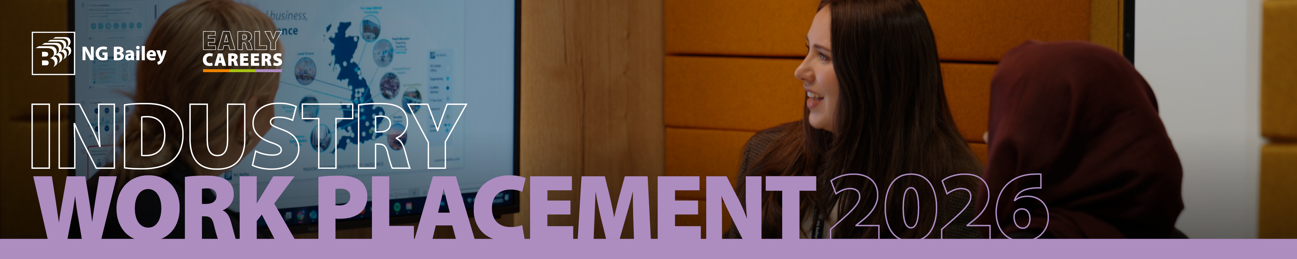 NG Bailey "Early Careers" logo, "Industry Work Placement 2026" text overlay on image of people looking at a screen.